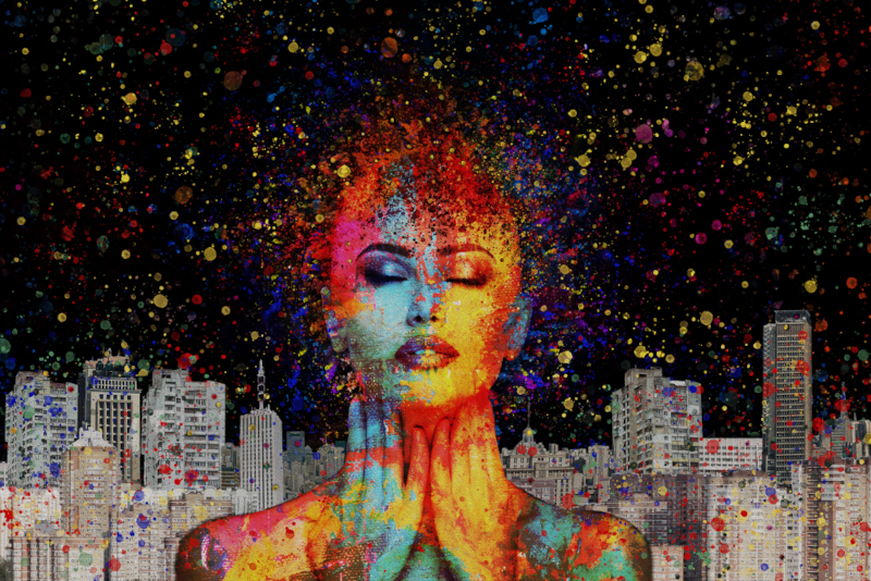 Woman, covered in paint specks